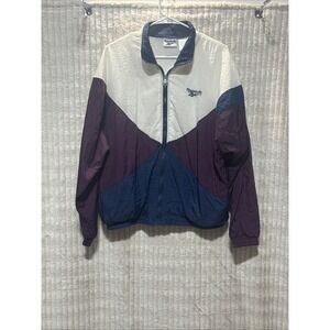Vintage 90s Reebok Men/Womens Jacket Large White Blue Full Zip Track Windbreaker